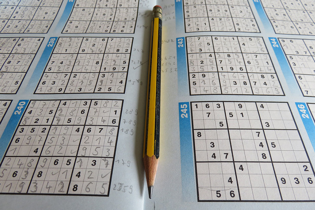 Folha repleta de jogos de sudoku, com um lápis no meio