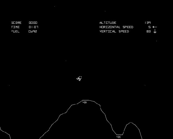 Lançado em 1979 pela Atari, o jogo Lunar Lander não foi um sucesso estrondoso, mas teve muitos fãs. Nele, o objetivo era conduzir um módulo de pouso lunar até um pouso seguro na Lua. Lançado em 1979 pela Atari, o jogo Lunar Lander não foi um sucesso estrondoso, mas teve muitos fãs. Nele, o objetivo era conduzir um módulo de pouso lunar até um pouso seguro na Lua.