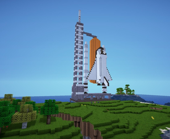 Olha só essa base de lançamento de foguetes feita com o jogo Minecraft! O ônibus espacial já está posicionado.