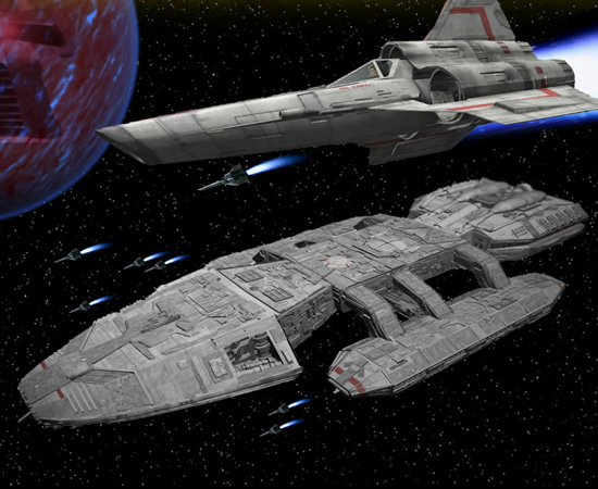 Battlestar Galactica é uma nave espacial que carrega os humanos remanescentes do planeta Caprica. Ela pode viajar na velocidade da luz. A outra nave mostrada acima dela é um Viper (veículo de batalha).
