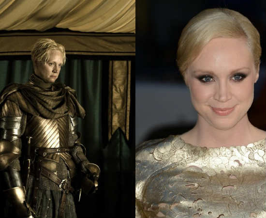 Como Brienne de Tarth, a atriz Gwendoline Christie perde muito da sua feminilidade para ganhar seu ar durão. Mal parece a mesma pessoa!