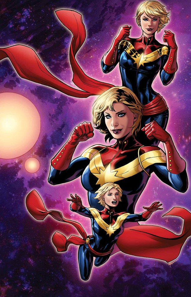 Primeira heroína da Marvel a ganhar um filme solo (que sai em 2019), Capitã Marvel é outra com ilustração de Emanuela Lupacchino
