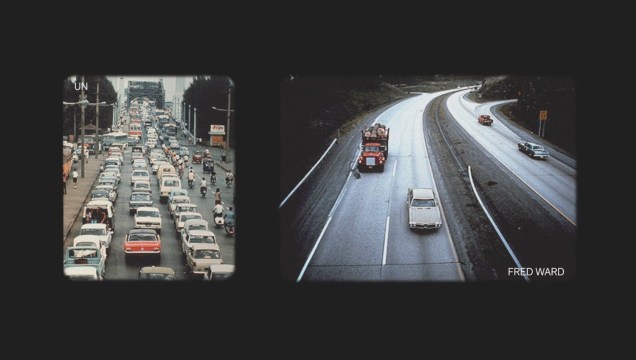 Imagens 102 e 103: Rua engarrafada na Índia e rodovia com caminhão.