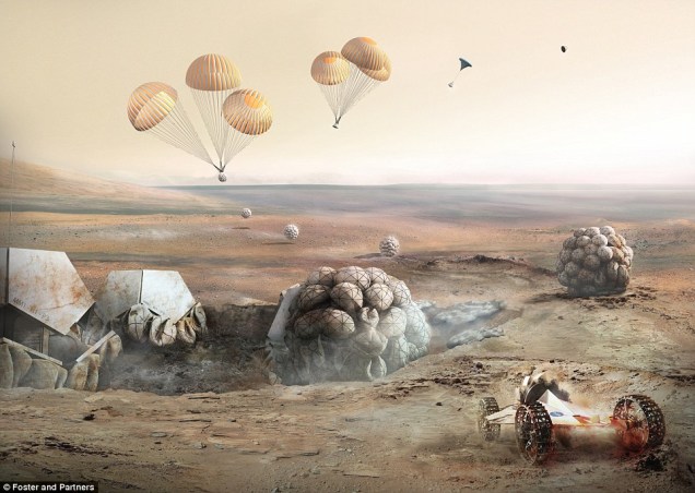 Depois de escavadas as crateras, que funcionariam como fundações para as casas, os módulos infláveis que formam a a base do assentamento chegariam a Marte de paraquedas.