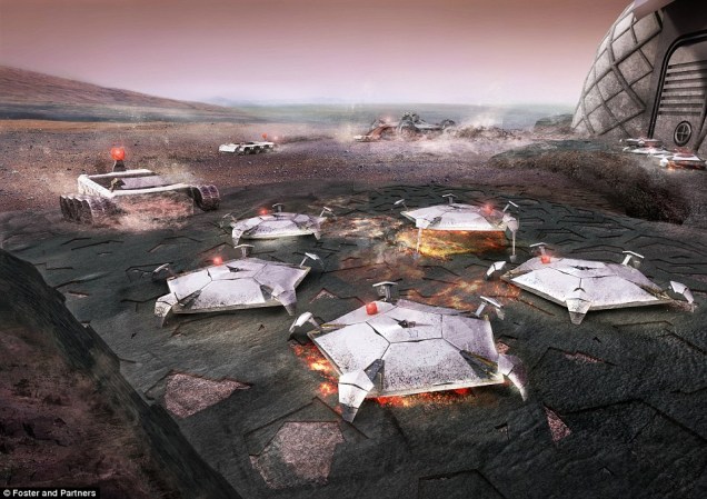 Esta imagem mostra a instalação, em seu processo final: o solo esfarelento de Marte seria fundido a módulos infláveis com a ajuda de microondas, emitidas pelos robôs-construtores. 