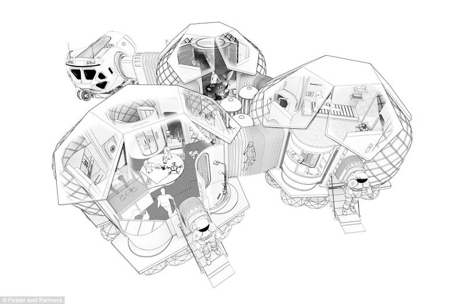 Nesta imagem, uma casa impressa em 3D, projetada para quatro astronautas, construída com regolito - material composto por solo marciano e rochas.