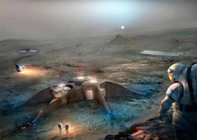 O projeto do escritório Foster and Partners, de Nova York, ficou em segundo lugar na competição oficial, mas foi o preferido do público. Aqui, uma visão noturna em Marte. 