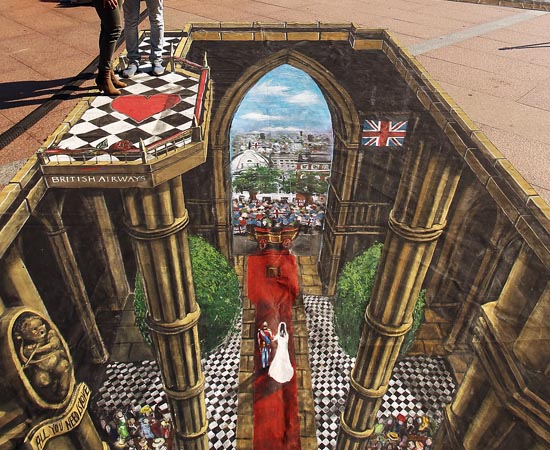 Você se lembra do casamento real de Príncipe William e Kate? A imagem foi reproduzida em uma rua de Sydney (Austrália), por Mark Metcalfe. Você se lembra do casamento real de Príncipe William e Kate? A imagem foi reproduzida em uma rua de Sydney (Austrália), por Mark Metcalfe.