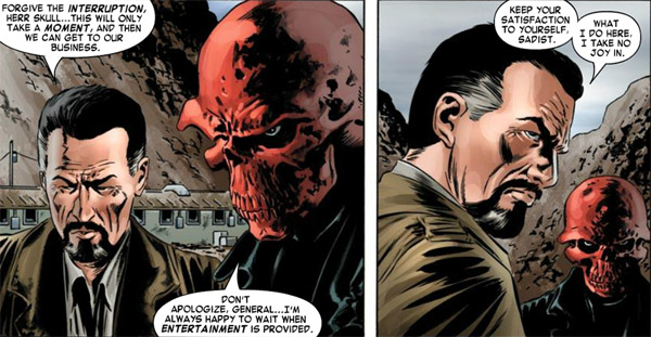 14 - O Caveira Vermelha foi o primeiro inimigo do Capitão América. Discípulo direto de Hitler, Johann Schmidt foi afetado por gases químicos e depois transferiu sua mente para o clone de Steve Rogers (e até para um adroide). Complicado. 14 - O Caveira Vermelha foi o primeiro inimigo do Capitão América. Discípulo direto de Hitler, Johann Schmidt foi afetado por gases químicos e depois transferiu sua mente para o clone de Steve Rogers (e até para um adroide). Complicado.