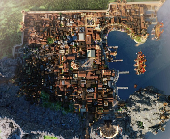 Esta é a  cidade de Lannisporto, localizada ao lado de Casterly Rock. Uma das regiões mais desenvolvidas de Westeros foi totalmente construída com Minecraft!