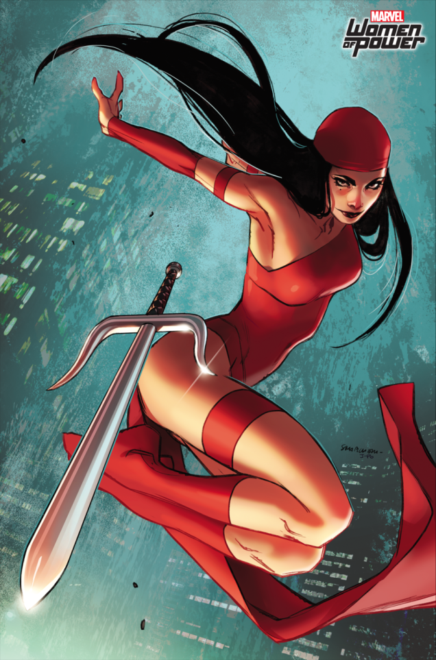 Elektra é uma das maiores personagens da Marvel, com papel indispensável nas HQs do Demolidor. por esse motivo, Sara Pichelli colocou ela na capa da quinta edição do gibi do herói cego