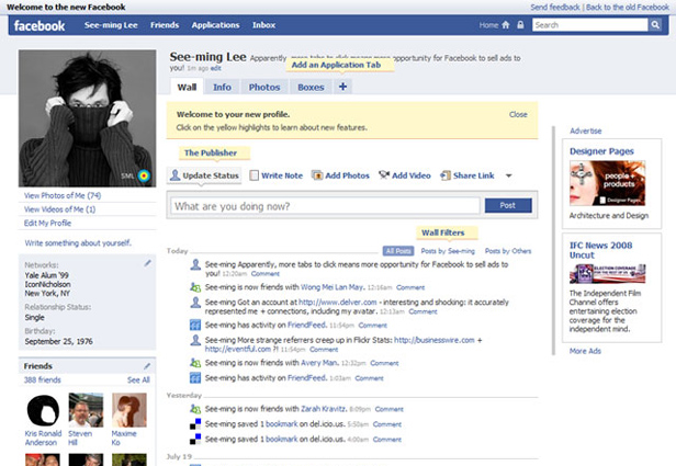 2008 - Os usuários passaram a poder adicionar aplicativos às suas contas. Além disso, foi nessa época que surgiu a barra de publicação, que permite que você publique uma foto, link ou status no seu perfil. 2008 - Os usuários passaram a poder adicionar aplicativos às suas contas. Além disso, foi nessa época que surgiu a barra de publicação, que permite que você publique uma foto, link ou status no seu perfil.