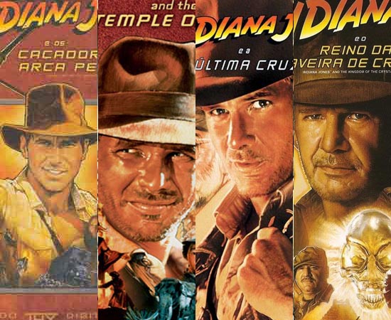 FILMES - A saga Indiana Jones é composta por quatro filmes: Os Caçadores da Arca Perdida (1981), Indiana Jones e o Templo da Perdição (1984), Indiana Jones e a Última Cruzada (1989) e Indiana Jones e o Reino da Caveira de Cristal (2008). Além disso, durante os anos 1990, George Lucas produziu a série de TV Crônicas do Jovem Indiana Jones.