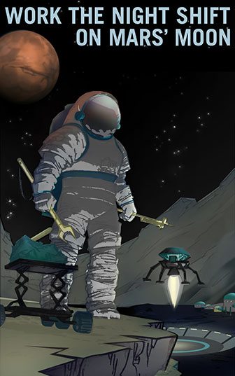 Trabalhadores noturnos: a ênfase aqui é nos moradores de Phobos, lua de Marte, e a possibilidade de ter um escritório com vista para o planeta vermelho.