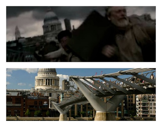 Já a Ponte do Milênio, em Londres, é destruída por Comensais da Morte em <i>Harry Potter e o Príncipe Mestiço</i>.