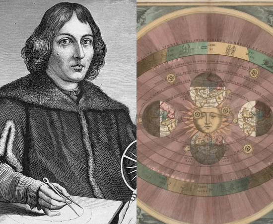 HELIOCENTRISMO (1543) - A maior teoria do cientista Nicolau Copérnico foi publicada no livro De revolutionibus orbium coelestium. A obra foi importante para a mudança da visão geocêntrica do mundo. Copérnico postulou que a Terra gira em torno do Sol e não é o centro do universo, que existem movimentos de rotação e translação planetários e que a Terra está mais próxima do Sol do que das estrelas.