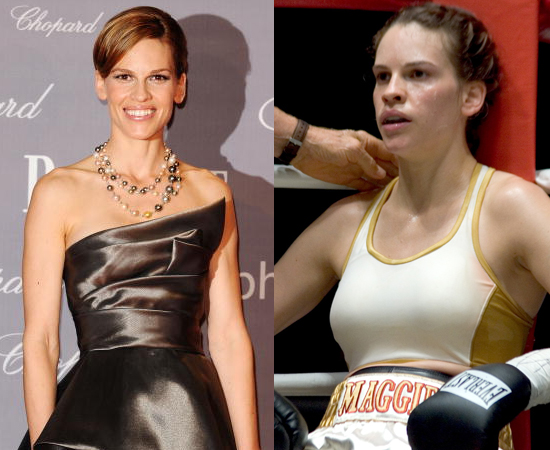 A atriz Hilary Swank ganhou 8 kg de massa muscular para interpretar a boxeadora Maggie Fitzgerald no filme Menina de Ouro (2004). A atriz Hilary Swank ganhou 8 kg de massa muscular para interpretar a boxeadora Maggie Fitzgerald no filme Menina de Ouro (2004).