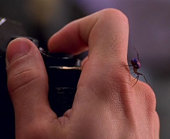 No filme Homem-Aranha (2002), dirigido por Sam Raimi, Peter Parker (Tobey Maguire) é picado por uma aranha geneticamente modificada e ganha superpoderes.