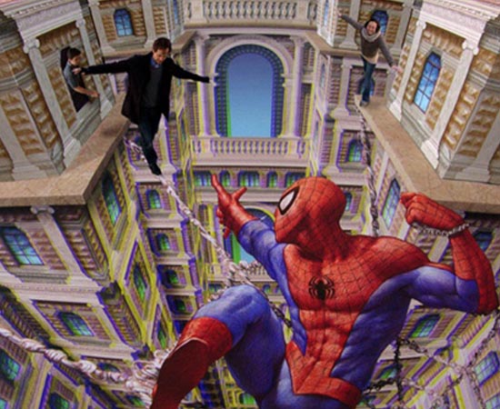 O Homem-Aranha foi pintado em uma rua próxima à Universal Studios do Japão. A arte também é de Kurt Wenner. O Homem-Aranha foi pintado em uma rua próxima à Universal Studios do Japão. A arte também é de Kurt Wenner.
