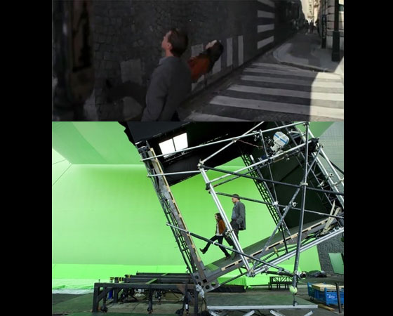 A Origem (2010) - O diretor Christopher Nolan não filmou todos os efeitos em computação gráfica. Pode ser difícil de notar, mas alguns deles foram feitos na prática, como o exemplo da foto. Nela, os atores Leonardo DiCaprio e Ellen Page andam pela parede, que na verdade é um cenário que se movimenta.