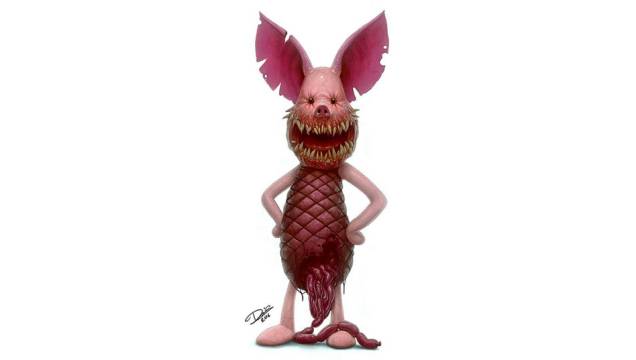 Além de deixar os personagens fofos assustadores, Carlsson faz brincadeiras sádicas em suas ilustrações: o Leitão com as tripas em forma de salsicha é um exemplo. Além de deixar os personagens fofos assustadores, Carlsson faz brincadeiras sádicas em suas ilustrações: o Leitão com as tripas em forma de salsicha é um exemplo.