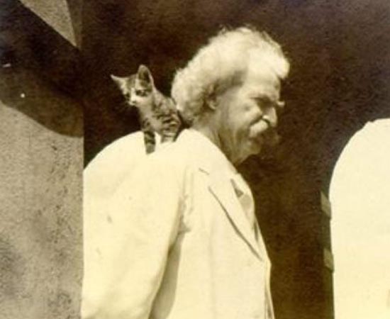 Mark Twain posa com seu gatinho no ombro. O escritor e humorista é conhecido pelos romances As Aventuras de Tom Sawyer e As Aventuras de Huckleberry Finn.