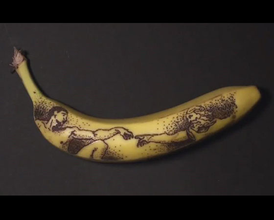 A Criação de Adão, uma parte do afresco de Michelangelo na Capela Sistina, feita em uma banana. A Criação de Adão, uma parte do afresco de Michelangelo na Capela Sistina, feita em uma banana.