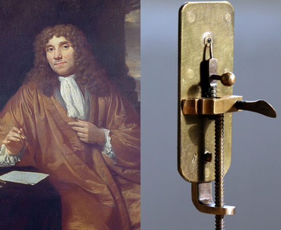 MICROSCÓPIO (1683) - O cientista holandês Antoin van Leeuwenhoek não inventou o instrumento, mas o aperfeiçoou e realizou grandes descobertas para a biologia celular. Foi o primeiro estudioso a descrever fibras musculares e microorganismos, como bactérias e protozoários.