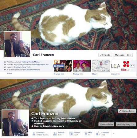 2012 - O Facebook está testando uma série de mudanças estéticas no topo dos perfis dos usuários. Pela foto divulgada, dá pra ver que informações, como nome, trabalho e estudo, devem aparecer em cima da foto do topo. 2012 - O Facebook está testando uma série de mudanças estéticas no topo dos perfis dos usuários. Pela foto divulgada, dá pra ver que informações, como nome, trabalho e estudo, devem aparecer em cima da foto do topo.