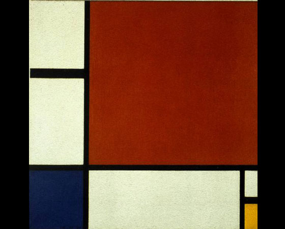 Aqui uma das obras da série de Mondrian: Composição 2 em vermelho, azul e amarelo, de 1930.