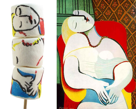 Desenhos em marshmellows para representar o quadro o Sonho, de Pablo Picasso. Ao lado, a pintura original. Desenhos em marshmellows para representar o quadro o Sonho, de Pablo Picasso. Ao lado, a pintura original.