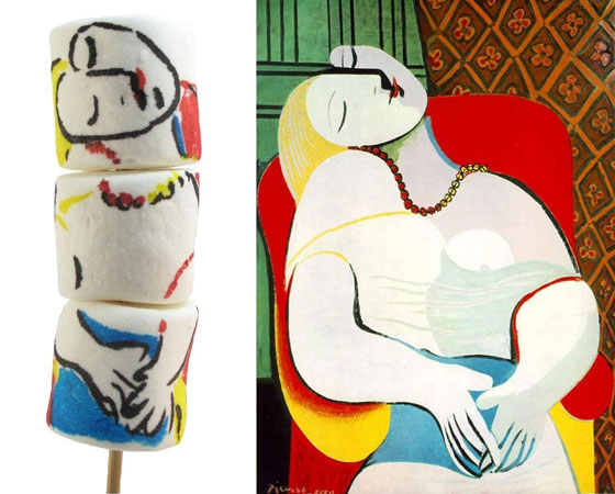 Desenhos em marshmellows para representar o quadro o Sonho, de Pablo Picasso. Ao lado, a pintura original.