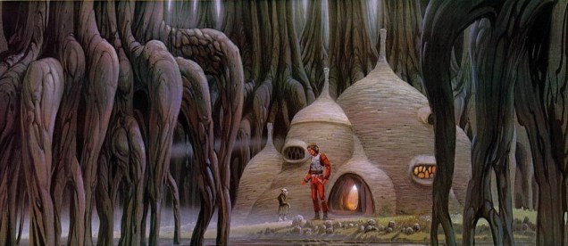 Mesmo os cenários que não possuiam uma construção futurística passavam por sua mão. Os pântanos de Dagobah, onde Yoda vive, podem servir de exemplo.