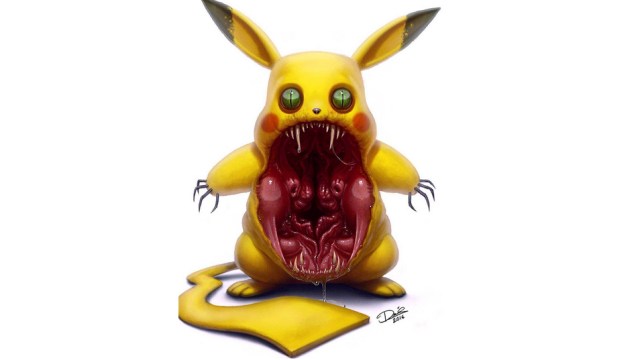 O artista dá um tom de pesadelo aos personagens mais fofinhos da cultura pop, como esse Pikachu aqui, que ganhou uma boca só um <em>pouquinho</em> maior que a original...