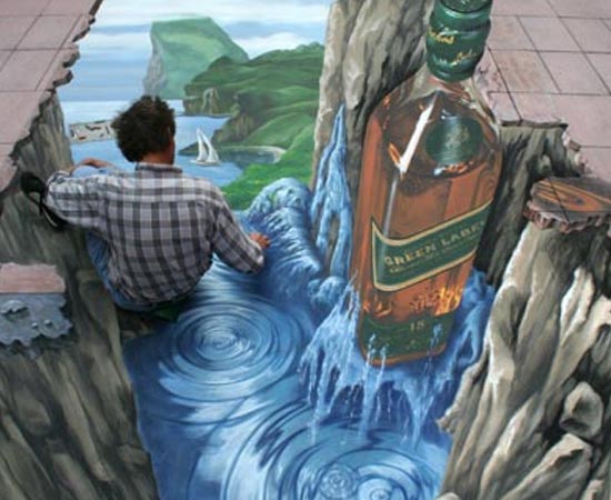 Já esta pintura 3D foi feita por Manfred Stader em uma rua de Taipei (Taiwan) para promover uma marca de bebidas. Já esta pintura 3D foi feita por Manfred Stader em uma rua de Taipei (Taiwan) para promover uma marca de bebidas.