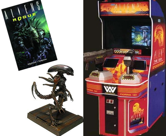 PRODUTOS - Existem centenas de produtos licenciados da saga Alien. São livros, jogos, histórias em quadrinhos, bonecos de ação, máscaras, fantasias, camisetas e miniaturas. PRODUTOS - Existem centenas de produtos licenciados da saga Alien. São livros, jogos, histórias em quadrinhos, bonecos de ação, máscaras, fantasias, camisetas e miniaturas.