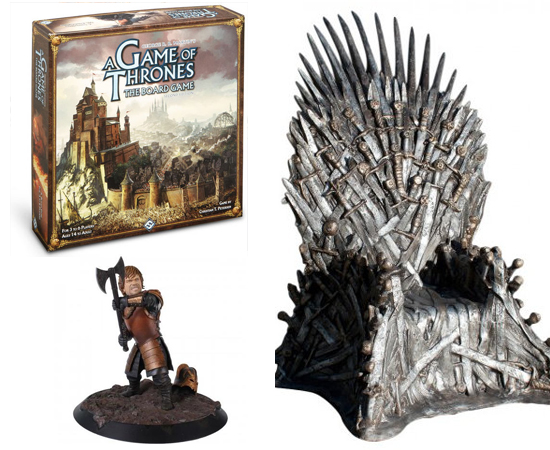 PRODUTOS - O universo ficcional criado por George R. R. Martin foi licenciado, o que gerou diversos produtos inspirados em ‘As Crônicas de Gelo e Fogo’. São jogos para videogame, jogos de tabuleiro, histórias em quadrinhos, miniaturas, réplicas de armas, canecas, camisetas e até um trono de ferro!