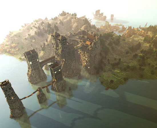 Mais uma imagem de Game of Thrones. Esta é Pyke, a ilha da Casa Greyjoy feita com o jogo Minecraft.