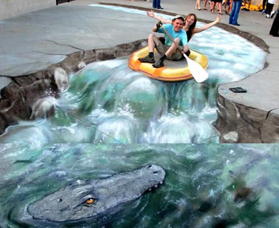 Mas, se você que mesmo é praticar um rafting legal em uma rua da Inglaterra, pode acabar caindo na boca de um crocodilo! Bem, essa foi a proposta do artista Julian Beever.