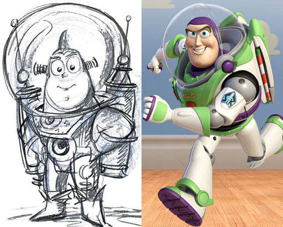 O astronauta de brinquedo mais querido do cinema tinha traços mais infantis. Graças às mudanças feitas pela equipe da Pixar, Buzz (Toy Story) ficou do jeito que conhecemos hoje.