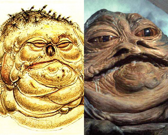 Mais Star Wars. Dá para dizer que a versão final de Jabba ficou praticamente igual ao rascunho. Os dois empatam em feiúra.