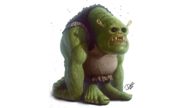 Outro exemplo é o Shrek, um ogro nada assustador no filme, mas que aqui fica bem sombrio e mais parecido com as antigas lendas sobre esse tipo de monstro.