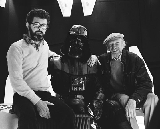 George Lucas, o ator David Prowse (Darth Vader) e o diretor Irvin Kershner