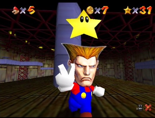 A montagem não é das melhores, mas Guile, personagem da série de games Street Fighter, já foi colocado no papel de Mario.