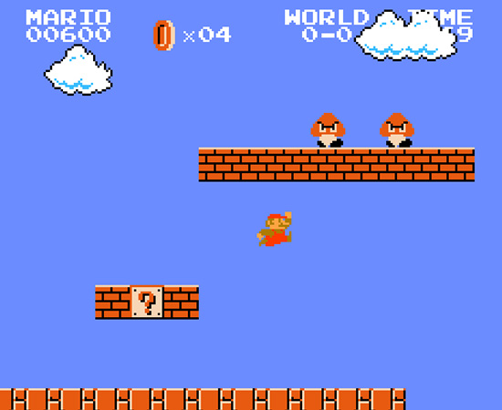 SUPER MARIO BROTHERS (1985) - É um dos primeiros jogos de plataforma com rolagem lateral. Tornou-se um clássico, conhecido e admirado em todo o mundo. O objetivo do game é conduzir Mario para salvar a Princesa Peach.