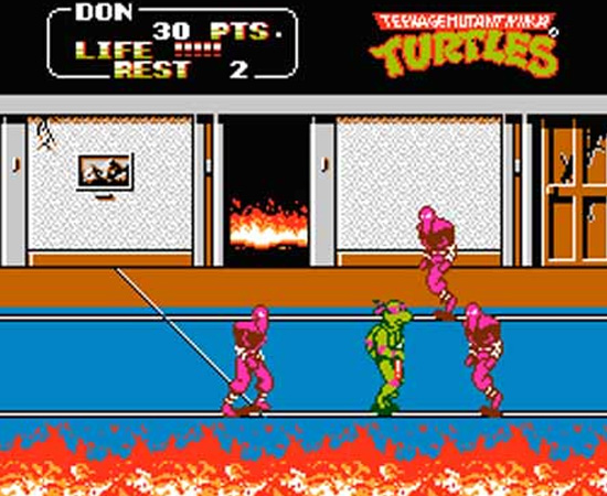 TEENAGE MUTANT TURTLES (1989) - Neste jogo, é preciso controlar tartarugas ninja para combater o crime. É considerado um dos jogos mais difíceis de Nintendinho.