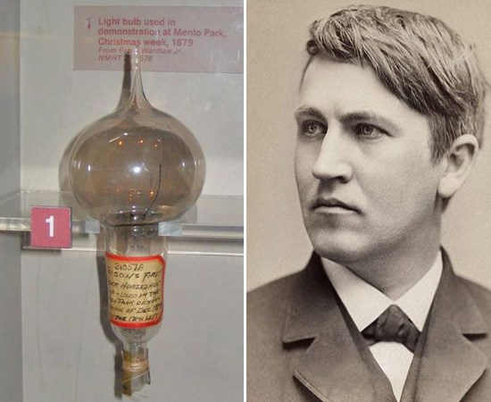 LÂMPADA INCANDESCENTE - Thomas Edison não inventou a lâmpada, mas foi o desenvolvedor do primeiro modelo de lâmpada incandescente comercializável. O protótipo, aceso no dia 21 de outubro de 1879, brilhou 45 horas seguidas. O inventor ficou milionário quando, em 1882, montou uma rede de distribuição de energia para iluminar parte de Nova Iorque.  Nesta época, Edison, que era um defensor da corrente elétrica contínua, tornou-se um dos maiores rivais de Nikola Tesla, o inventor da corrente alternada.