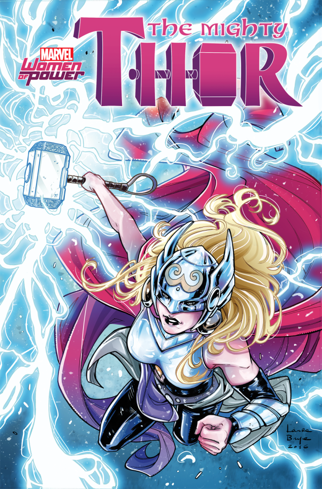 A Thor assumiu o posto de Deusa do trovão depois que o filho de Odin deixou de ser digno de carregar o martelo Mjölnir, em 2014. A italiana Laura Braga é responsável pela ilustração