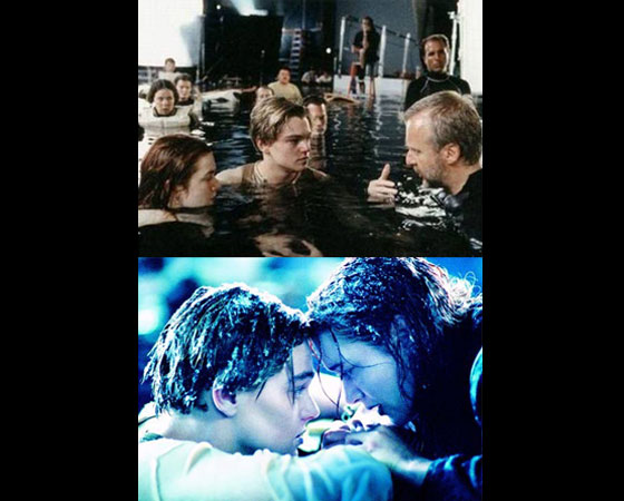 Titanic (1997) - Durante as filmagens, pequenas piscinas de plástico eram usadas no set para que os atores pudessem se manter aquecidos. Mas na hora de gravar para valer, grandes piscinas fundas como a da foto serviam como cenário para os atores. Titanic (1997) - Durante as filmagens, pequenas piscinas de plástico eram usadas no set para que os atores pudessem se manter aquecidos. Mas na hora de gravar para valer, grandes piscinas fundas como a da foto serviam como cenário para os atores.