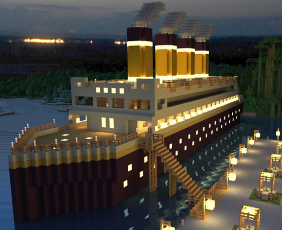 Navio Titanic feito com o jogo Minecraft.
